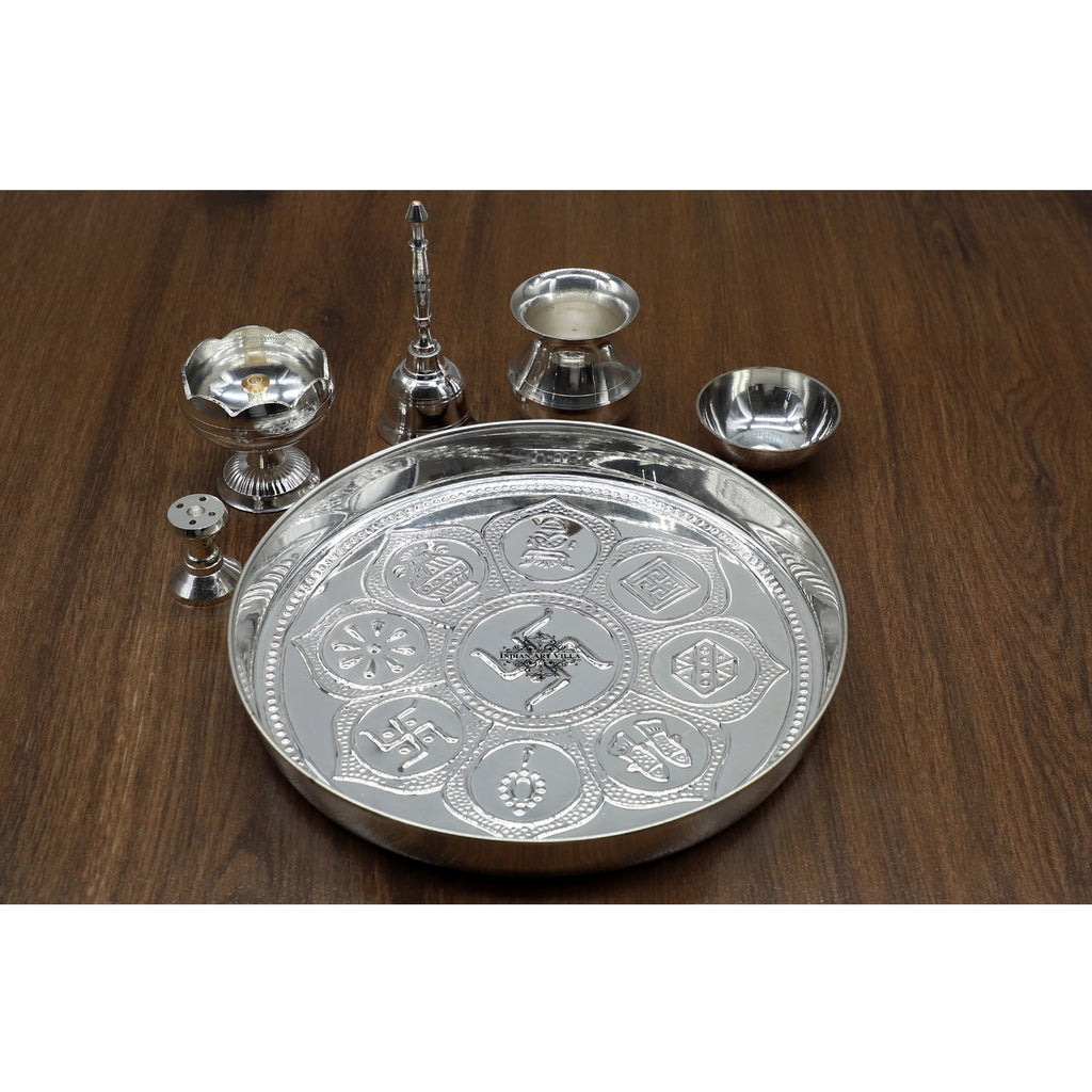 Indian Art Villa  Silver Plated Puja Thali Set With Shine Finish Design , Religious Spiritual Item, Home Temple, Diameter- 8 Inch