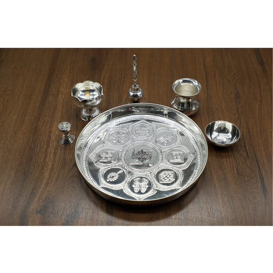 Traditional silver pooja thali set by Indian Art Villa, includes bell, kalash & bowls, Diameter - 20.32 cm, ideal for aarti.