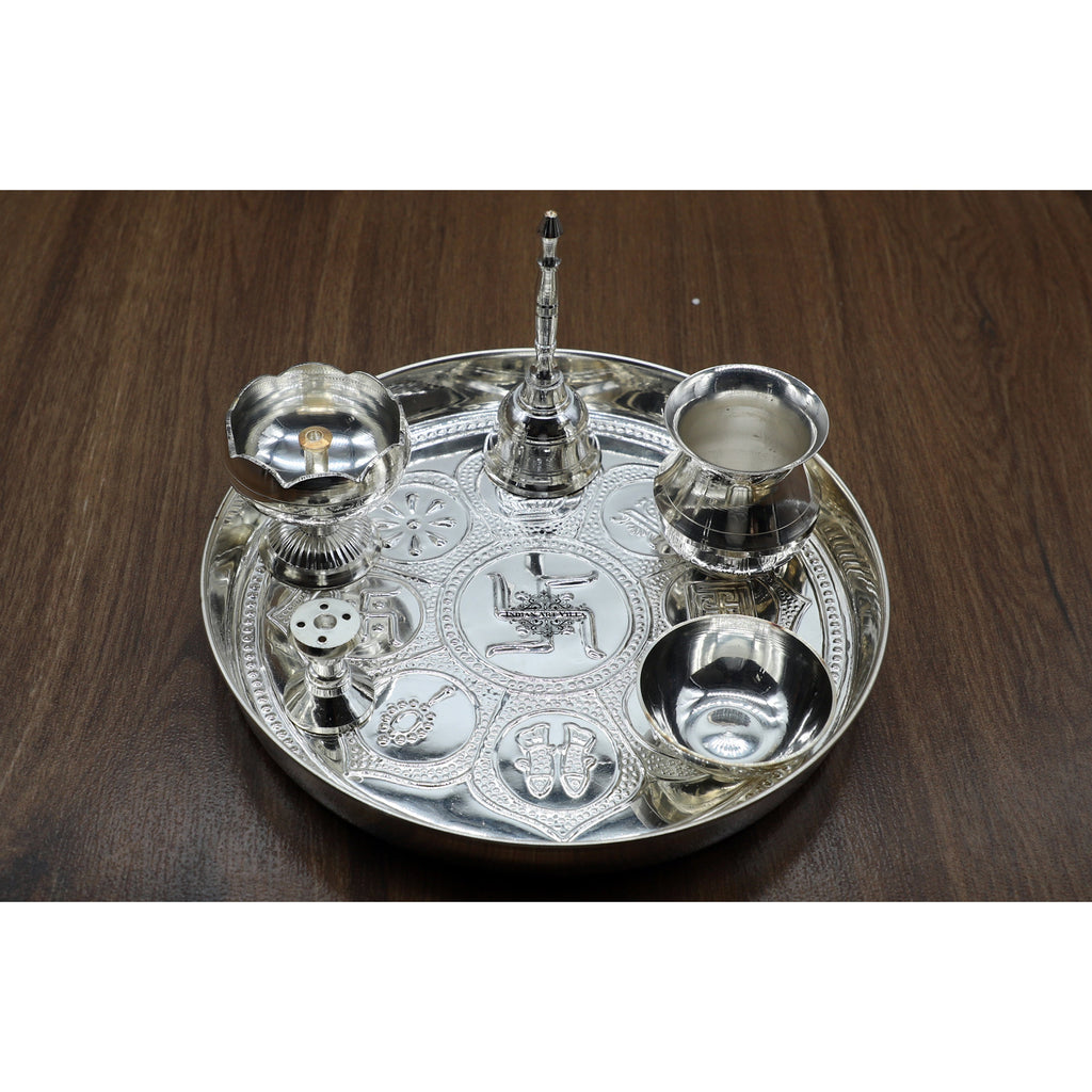 Indian Art Villa  Silver Plated Puja Thali Set With Shine Finish Design , Religious Spiritual Item, Home Temple, Diameter- 8 Inch
