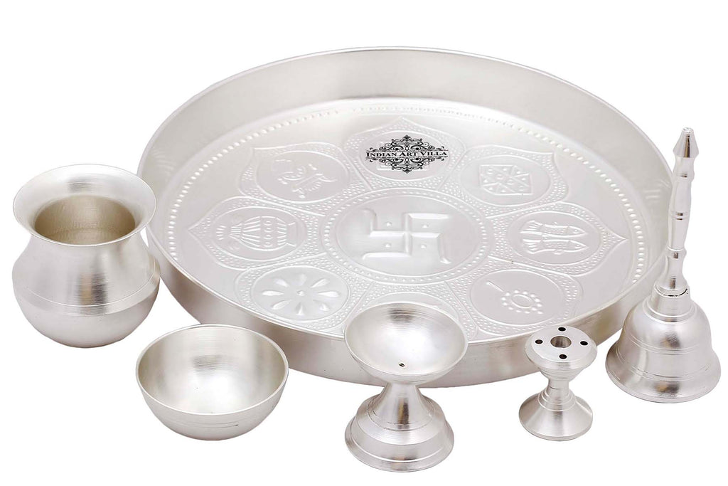 Indian Art Villa Silver Plated Embossed Puja Thali Set 8.1" Inch