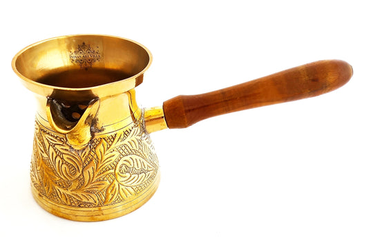 Brass Turkish Kettle Mug with wooden Handle, Coffee tea Mug Pourer, Leaf Design