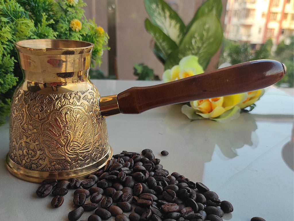 Indian Art Villa Brass Turkish Kettle Mug with wooden Handle, Coffee tea Mug Pourer, Peacock Design