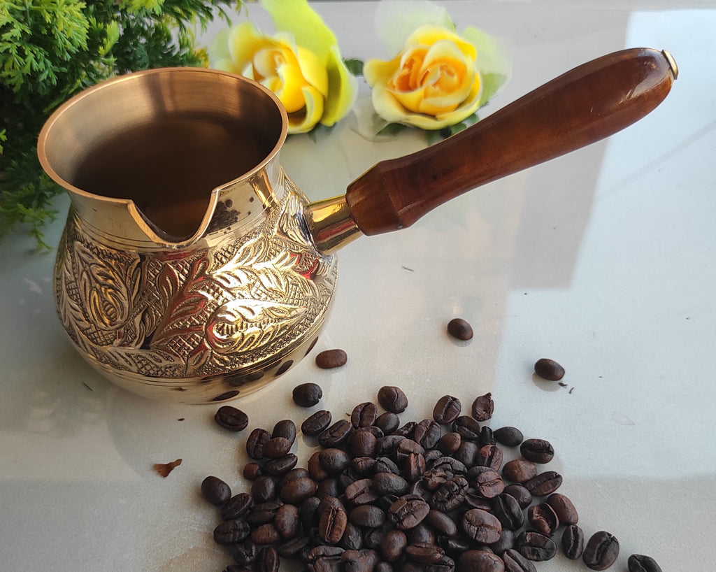 Indian Art Villa Brass Turkish Kettle Mug with wooden Handle, Coffee tea Mug Pourer, Matka Pot Design