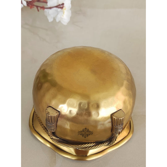 Pure Brass Matt Finish Hammered Design Multipurpose Bowl With Knot On Neck, Decorative Bowl for Home, Office and Table Decor, Volume-700 ML