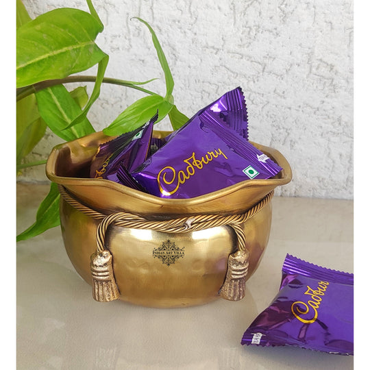 Pure Brass Matt Finish Hammered Design Multipurpose Bowl With Knot On Neck, Decorative Bowl for Home, Office and Table Decor, Volume-700 ML