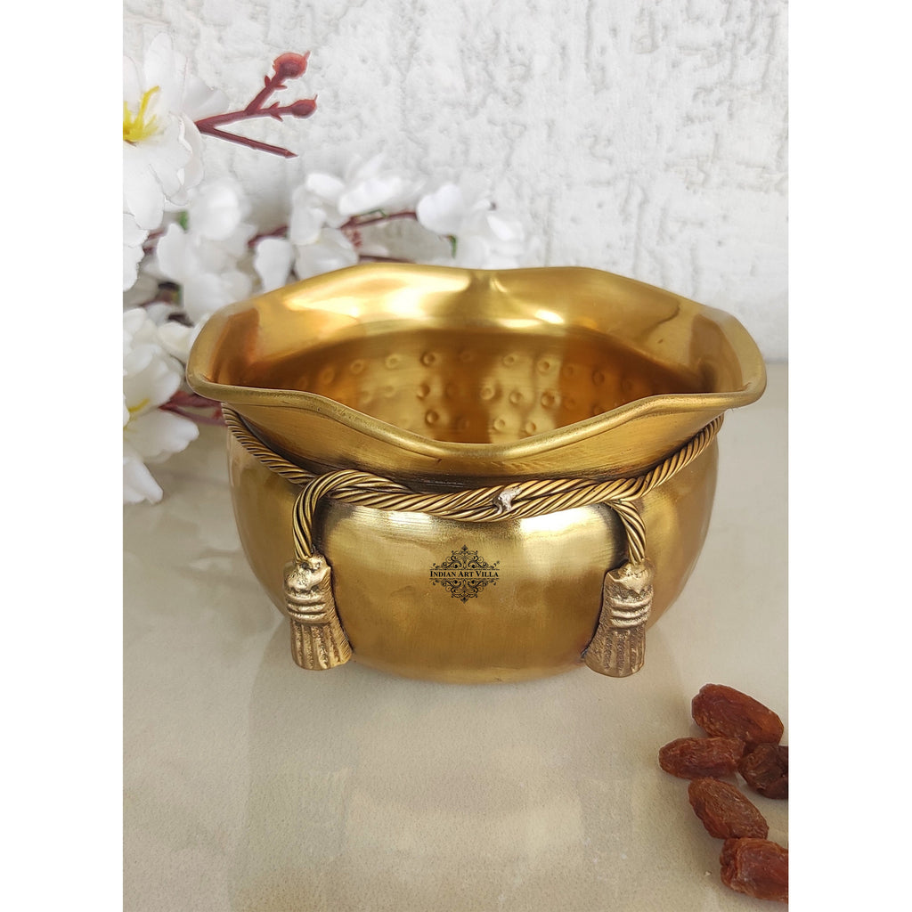 Indian Art Villa Pure Brass Matt Finish Hammered Design Multipurpose Bowl With Knot On Neck, Decorative Bowl for Home, Office and Table Decor, Volume-700 ML