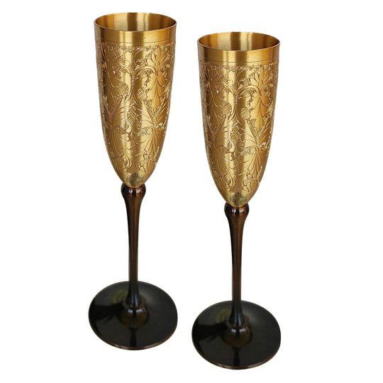 Brass Finish Embossed Design Flute Champagne Glass, Bareware, Bar Accessories & Tools For Bars, Catering Venues, Home, Office, Party, Hotels, Volume- 200 ML