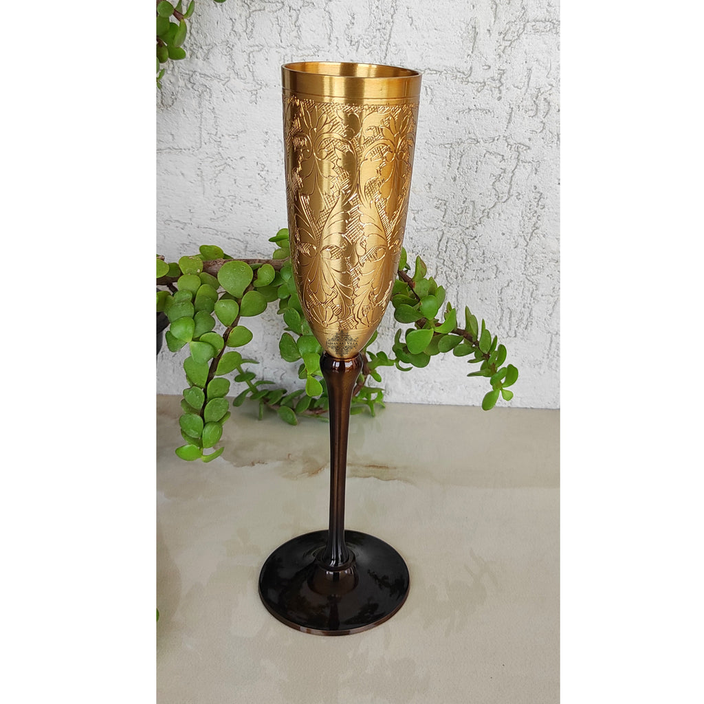 Indian Art Villa Brass Finish Embossed Design Flute Champagne Glass, Bareware, Bar Accessories & Tools For Bars, Catering Venues, Home, Office, Party, Hotels, Volume- 200 ML