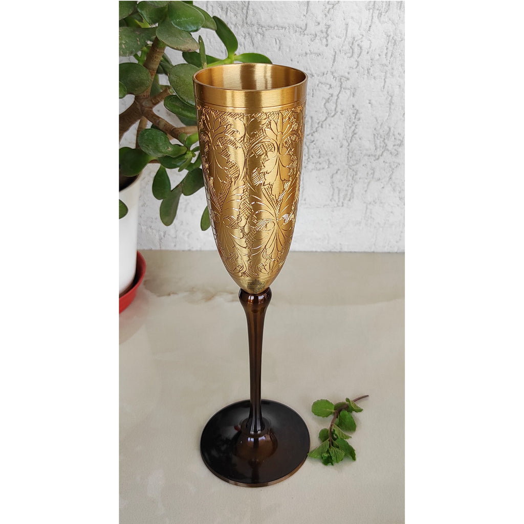 Indian Art Villa Brass Finish Embossed Design Flute Champagne Glass, Bareware, Bar Accessories & Tools For Bars, Catering Venues, Home, Office, Party, Hotels, Volume- 200 ML