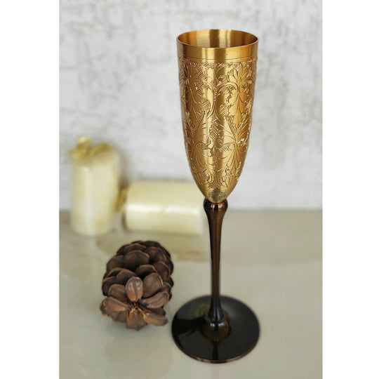 Brass Finish Embossed Design Flute Champagne Glass - 200 ML