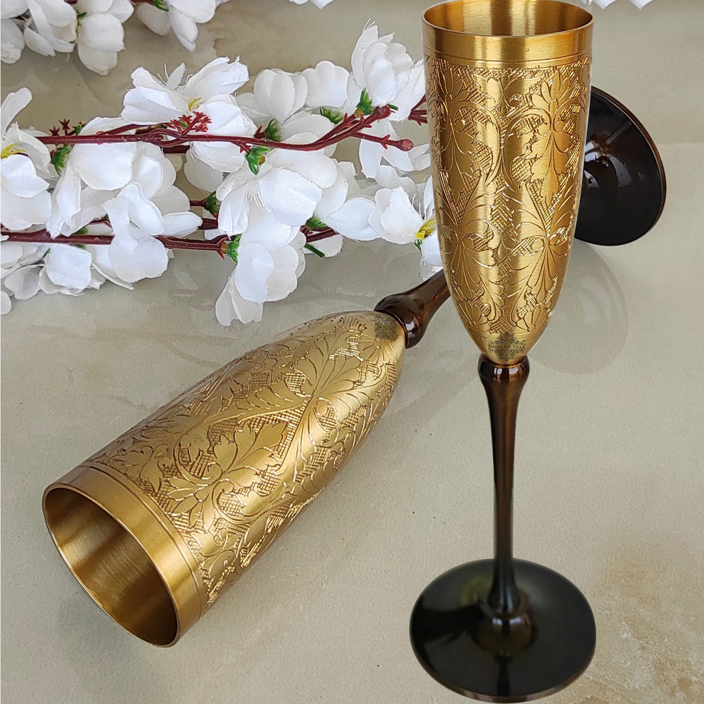 Indian Art Villa Brass Matt Finish Plain & Embossed Design Flute Champagne Two Glasses Gift Set With Black Velvet Box, Volume- 200 ML