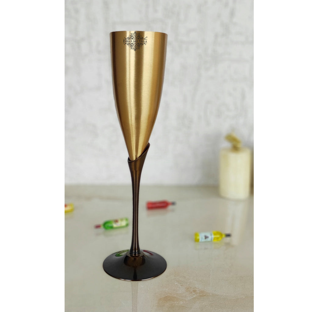 Indian Art Villa Brass Matt Finish Plain & Embossed Design Flute Champagne Two Glasses Gift Set With Black Velvet Box, Volume- 200 ML