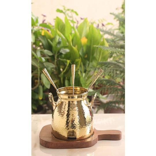 Pure brass hammered tandoor with wooden base and three skewers ideal for traditional tabletop serving and decor