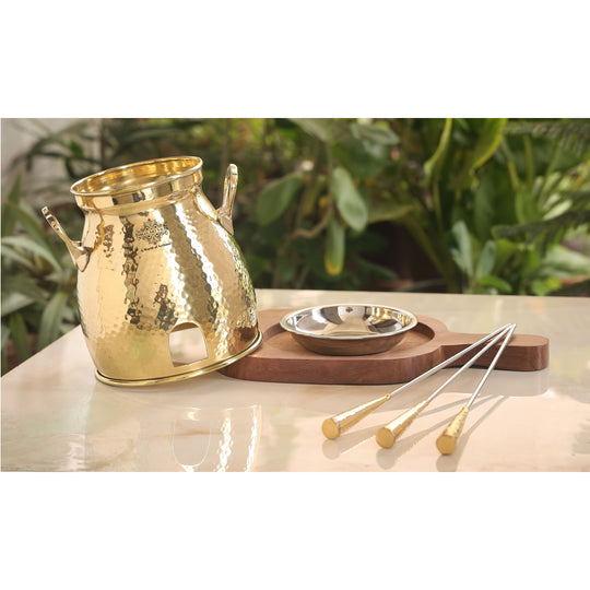Handcrafted pure brass tandoor with hammered design wooden base and skewers perfect for home and restaurant use