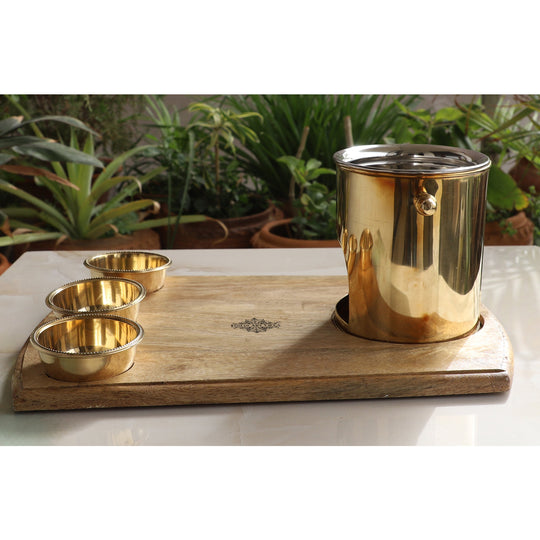 Luxury brass food warmer by Indian Art Villa with polished wood base and stainless steel lid including three brass bowls