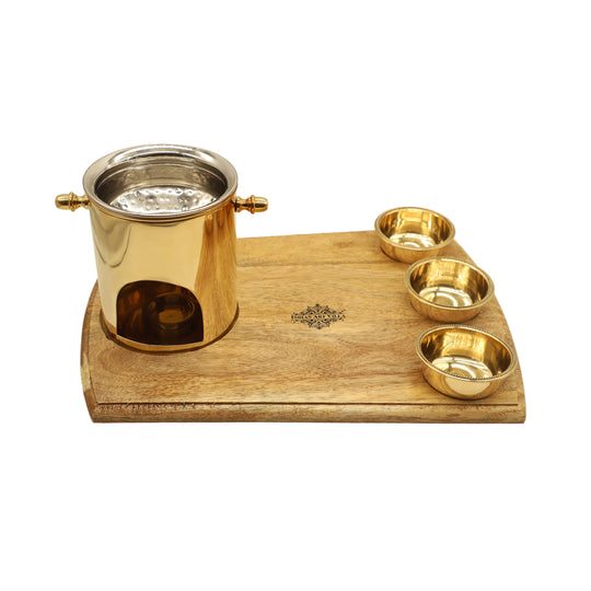 Decorative brass food warmer with three bowls ideal for hotel dining areas offering warm service in authentic Indian style