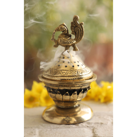 Brass Dhopp Dani with Antique Peacock Design, Idol for Home & Tempel Pooja, Size-6.5x10.16 cm