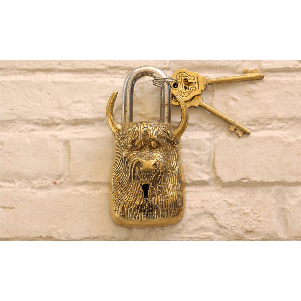 Indian Art Villa Old Vintage Style Bull Face Shape Brass Security Lock with 2 Keys, Size-2.8x6"