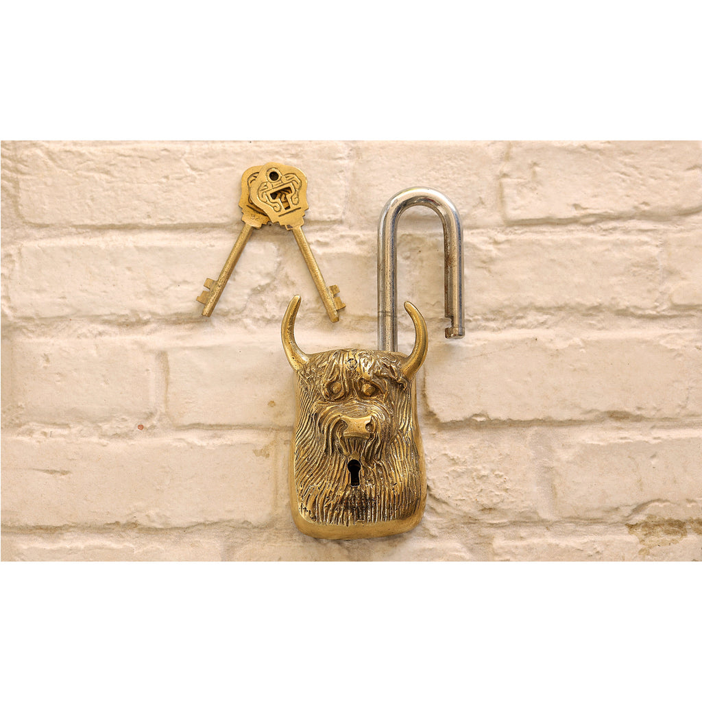Indian Art Villa Old Vintage Style Bull Face Shape Brass Security Lock with 2 Keys, Size-2.8x6"
