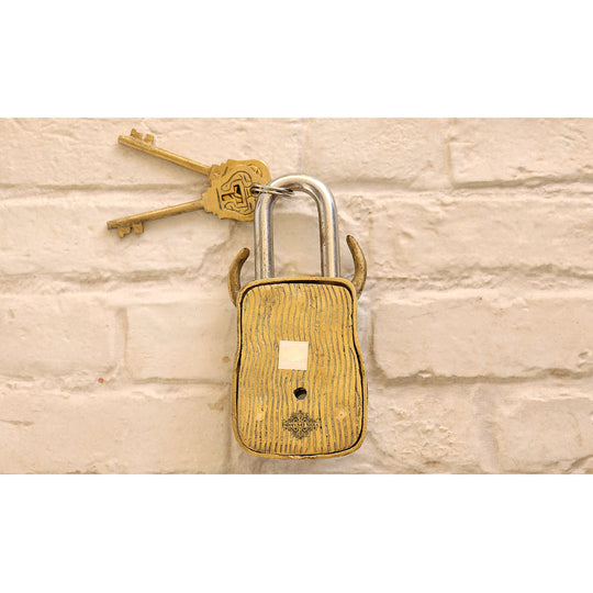 Antique brass bull face security lock angle view — Indian Art Villa