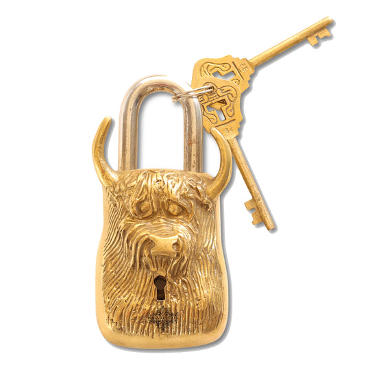 Antique brass bull face security lock full view — Indian Art Villa