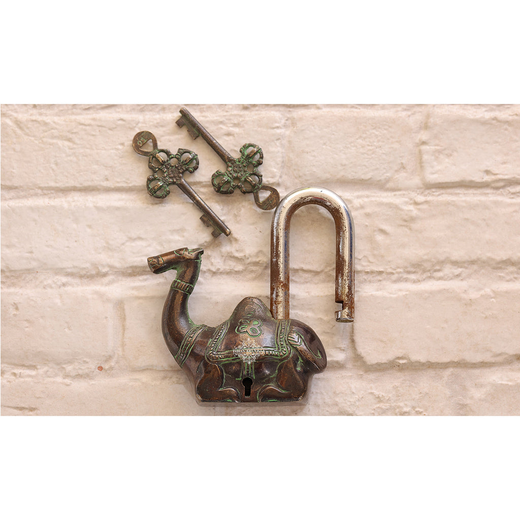 Indian Art Villa Handmade Old Dark Brown Vintage Style Camel Shape Brass Security Lock with 2 Keys, Size-4x4.5"