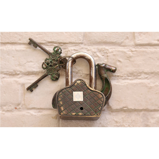 Antique brass camel security lock angle view — Indian Art Villa