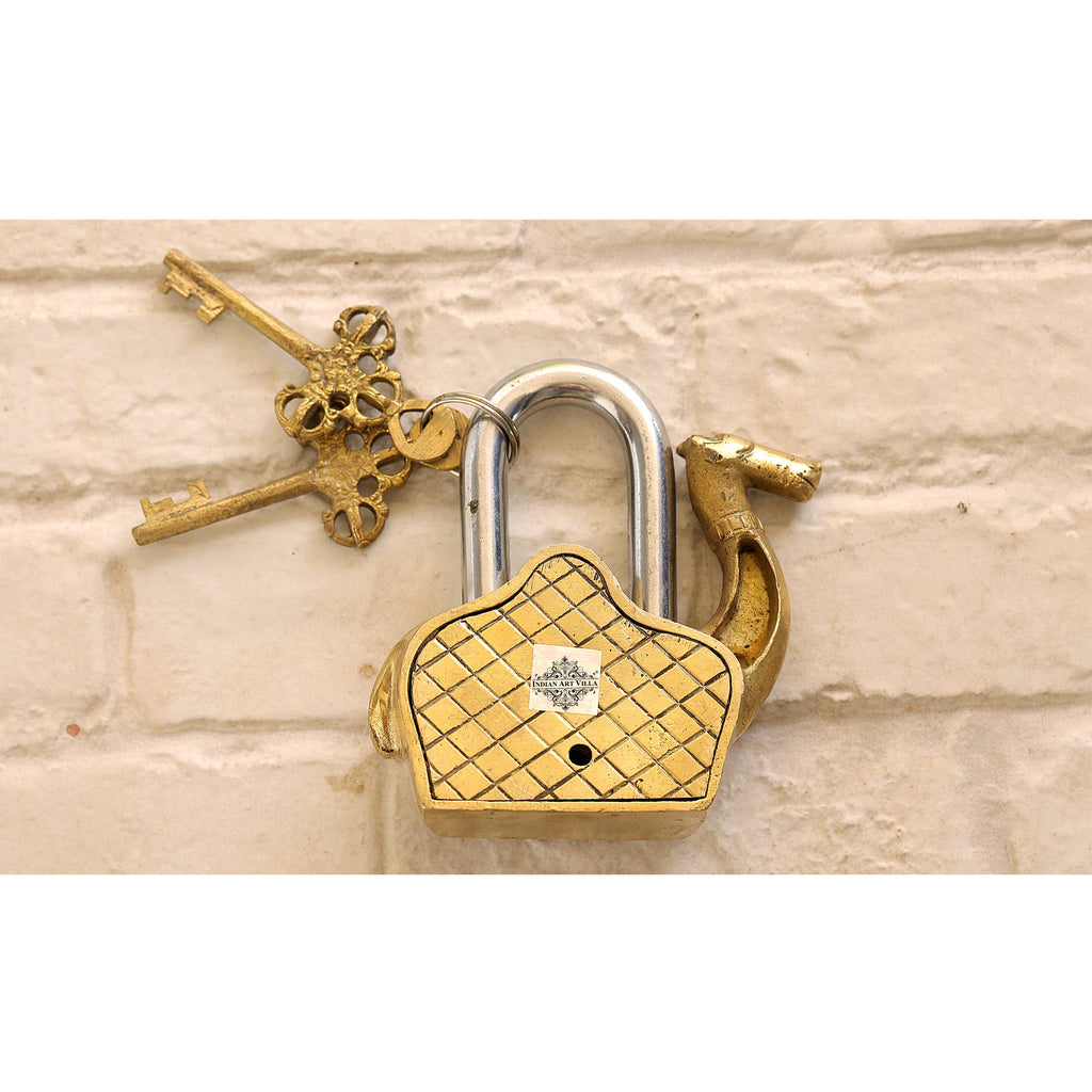 Indian Art Villa Handmade Old Vintage Style Gold Camel Shape Brass Security Lock with 2 Keys, Size-4x4.5"