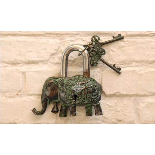 Antique brass elephant security lock side view — Indian Art Villa