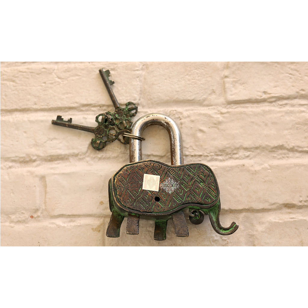Indian Art Villa Handmade Old Vintage Style Dark Broun Antique Elephant Shape Brass Security Lock with 2 Keys, Size-4x5"