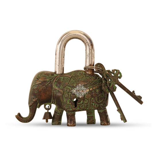 Antique brass elephant shape security lock full view — Indian Art Villa