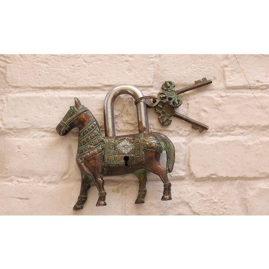 Antique brass horse security lock side view — Indian Art Villa
