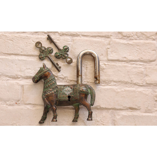 Antique brass horse security lock top view — Indian Art Villa