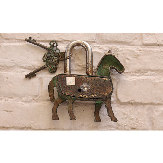 Antique brass horse security lock angle view — Indian Art Villa