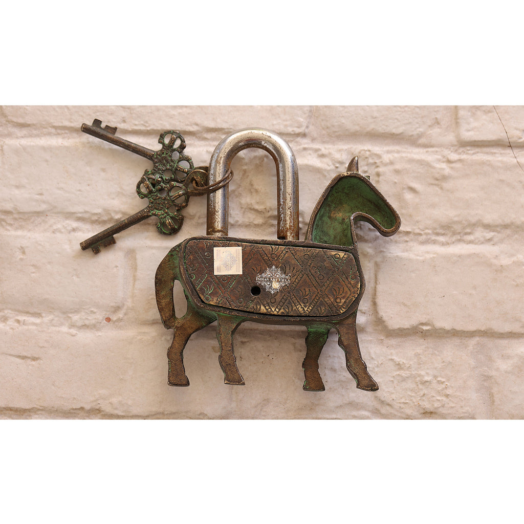 Indian Art Villa Handmade Old Dark Brown Vintage Style Horse Shape Brass Security Lock with 2 Keys, Size-5.5x5.5"