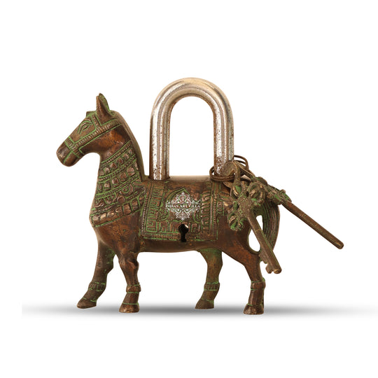 Antique brass horse shape security lock full view — Indian Art Villa