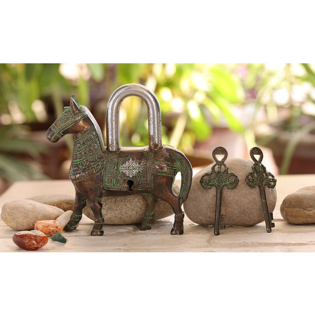 Indian Art Villa Handmade Old Dark Brown Vintage Style Horse Shape Brass Security Lock with 2 Keys, Size-5.5x5.5"