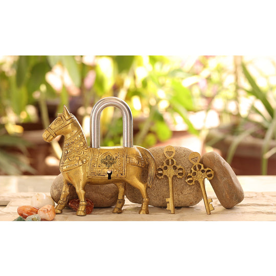 Gold finish brass horse shape security lock front view — Indian Art Villa