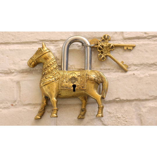 Gold finish brass horse security lock side view — Indian Art Villa