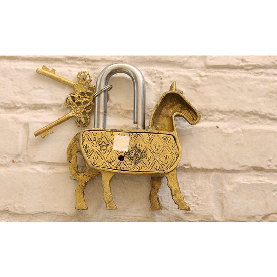Gold finish brass horse security lock angle view — Indian Art Villa