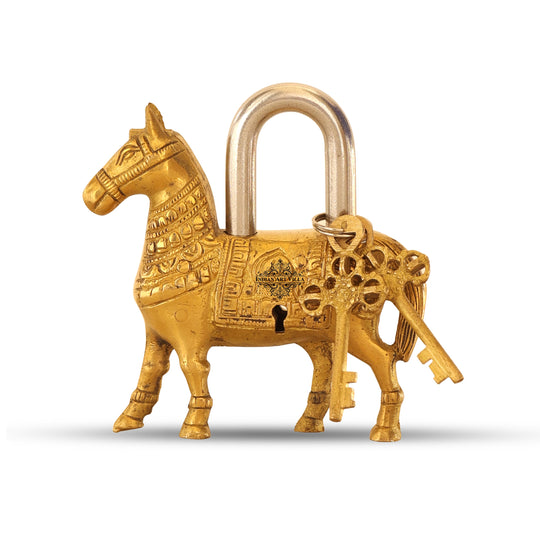 Gold finish brass horse shape security lock full view — Indian Art Villa