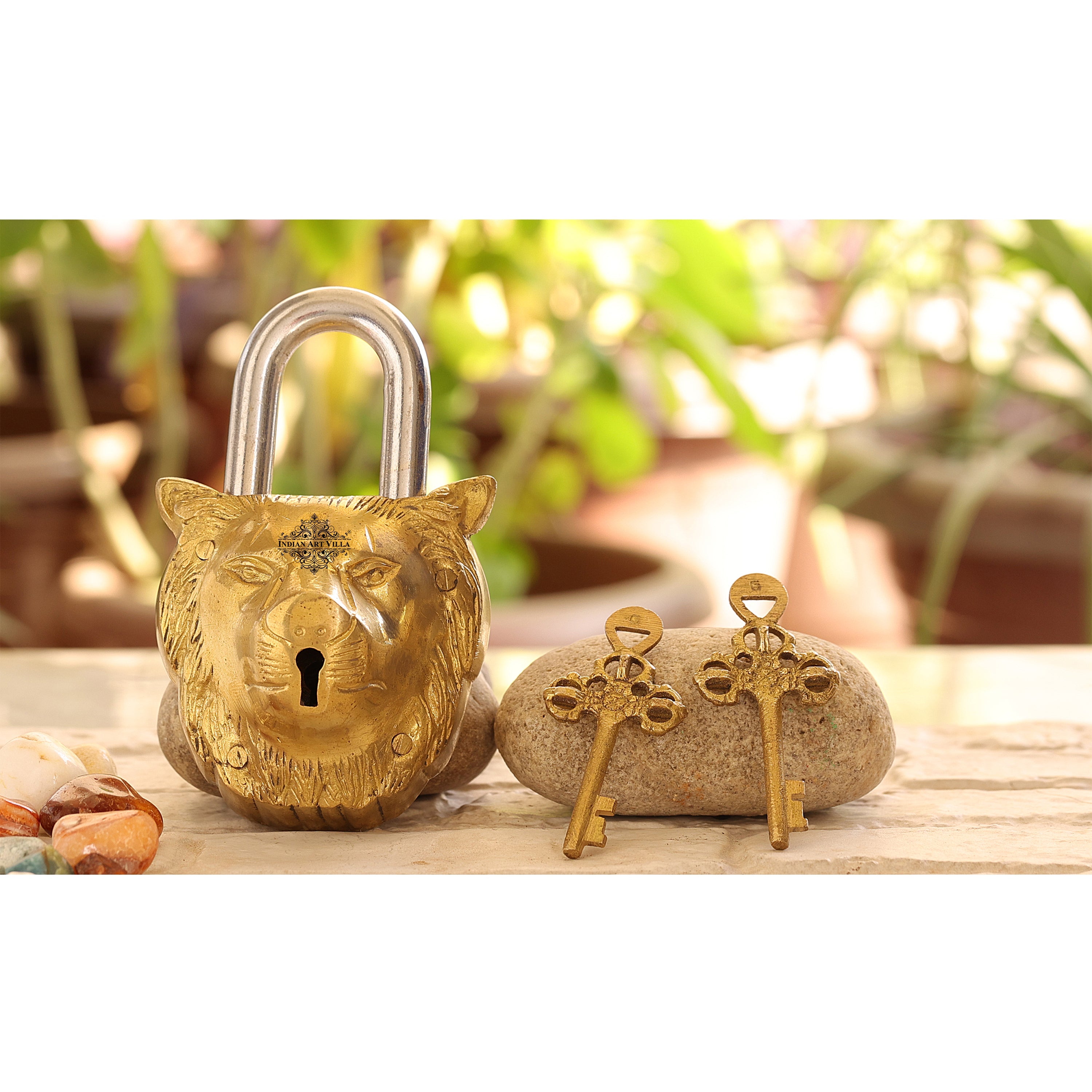 Brass Padlock - Lock with Keys - Working Functional - Brass Made - Type :  (Lion - Brass Finish) 