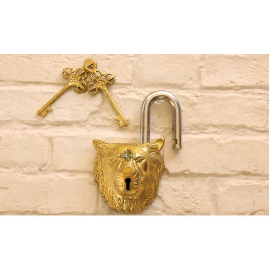 Black vintage brass lion security lock top view — Indian Art Villa