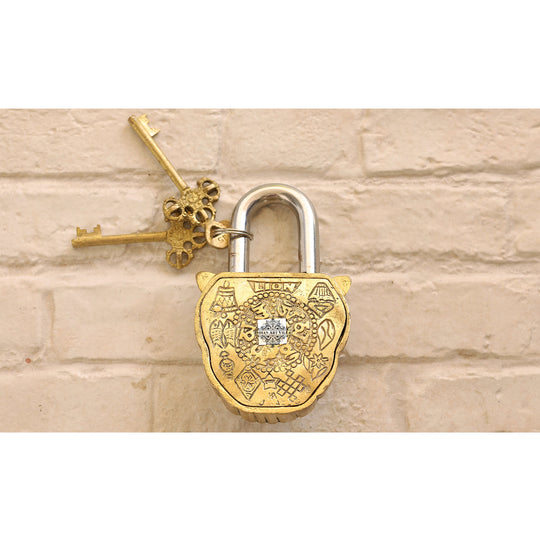 Black vintage brass lion security lock angle view — Indian Art Villa