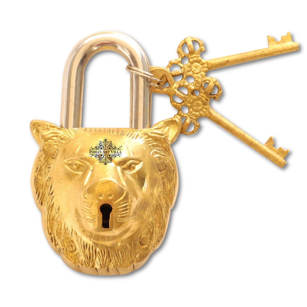 Indian Art Villa Handmade Old Vintage Style Black Lion Shape Brass Security Lock with 2 Keys, Size - 3 x 5.5"