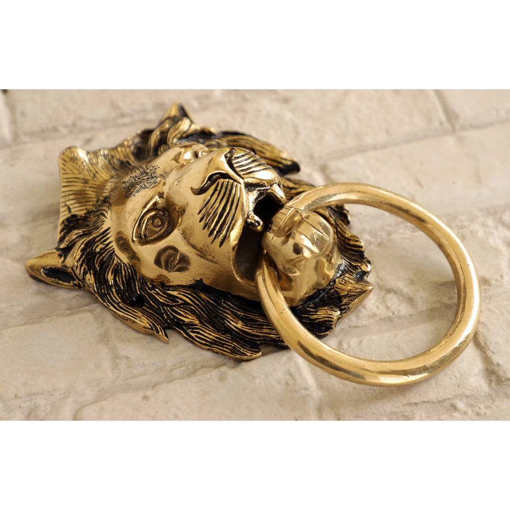 Indian Art Villa Pure Brass Door Knob With Big Lion Design & Antique Touch, Decor Item For Home, Hotel & Restaurants, Size- 6.5x5 Inches