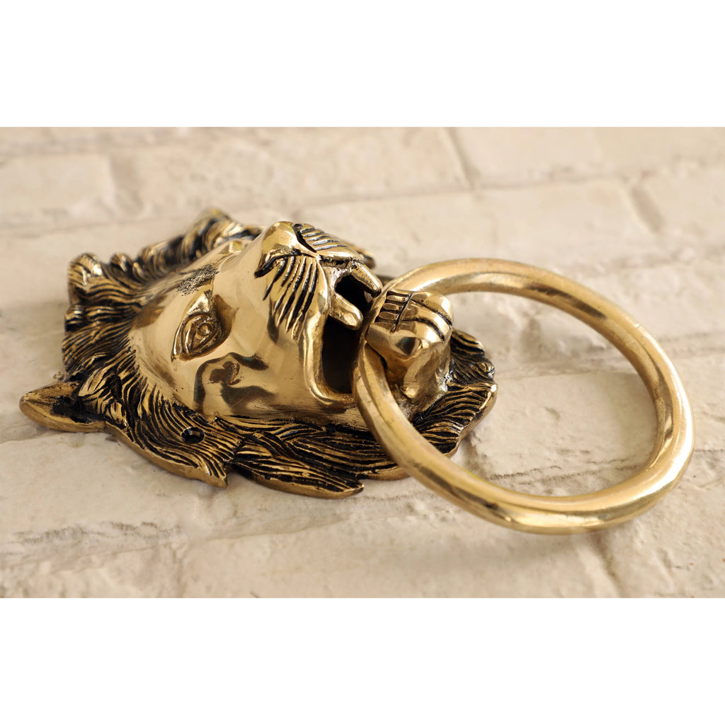 Indian Art Villa Pure Brass Door Knob With Small Lion Design & Antique Touch, Decor Item For Home, Hotel & Restaurants, Size- 6x4.5 Inches