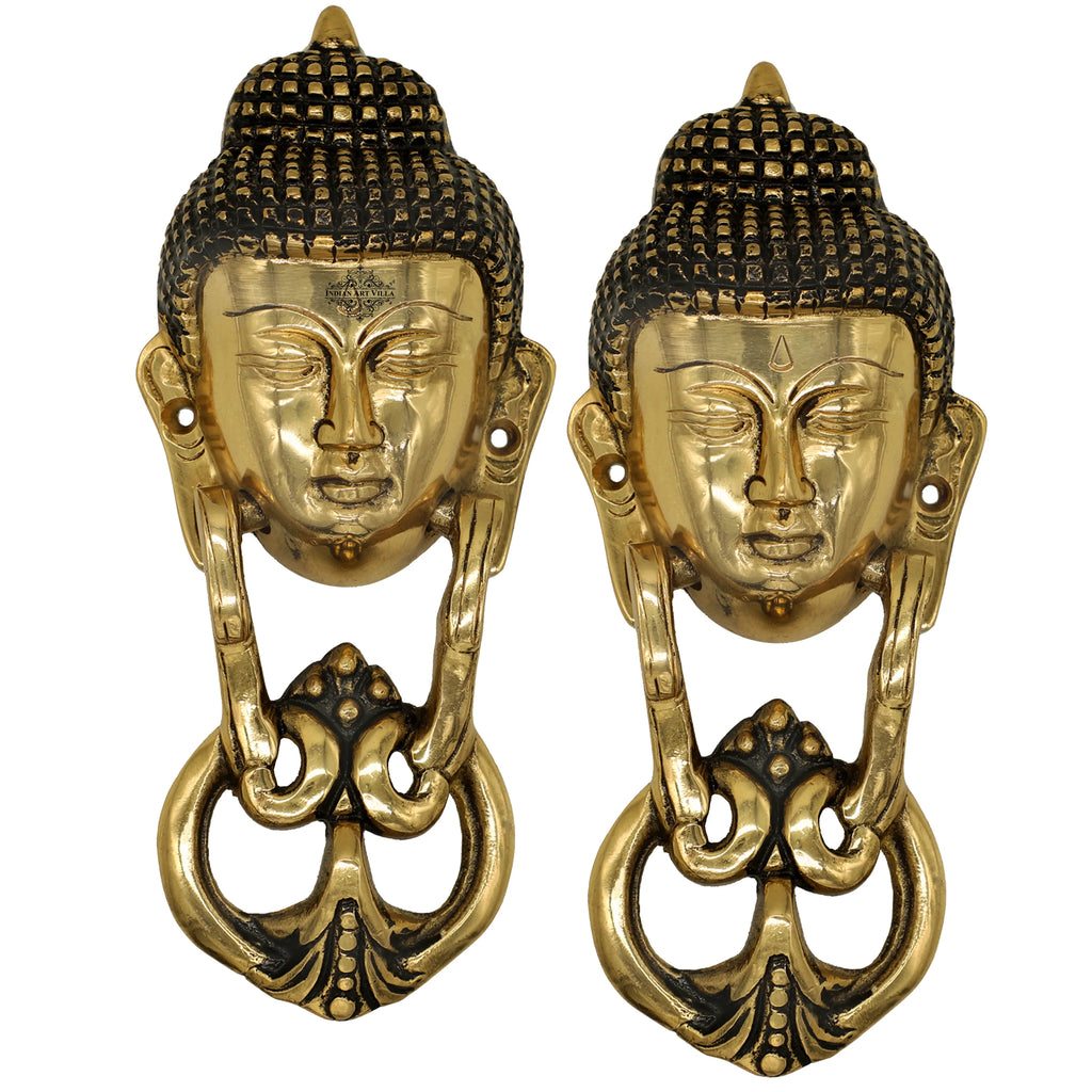 Indian Art Villa Pure Brass Door Knob With Budha Design & Antique Touch, Decor Item For Home, Hotel & Restaurants, Size- 8x3.5 Inches