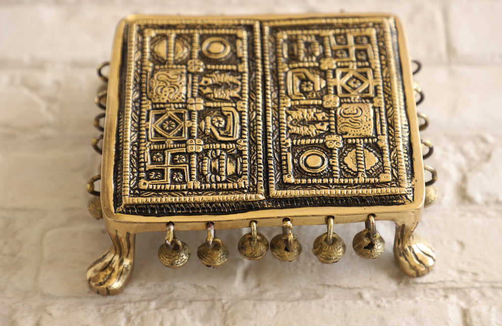 INDIAN ART VILLA Brass Chowki with Antique Dark Deep Embossed Design, Size- 2x6.5 Inches