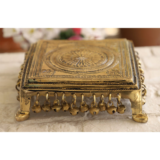 Pure brass antique Chakra design Chowki side view — Indian Art Villa